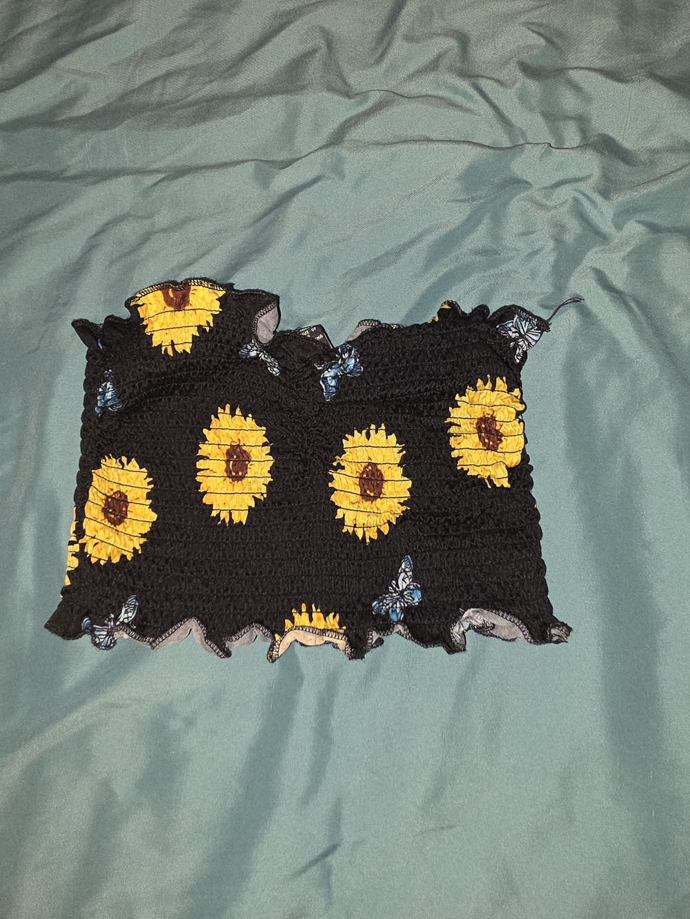 Rue21 Black Smocked Tube Top with Yellow Sunflower & Blue Butterfly Accents